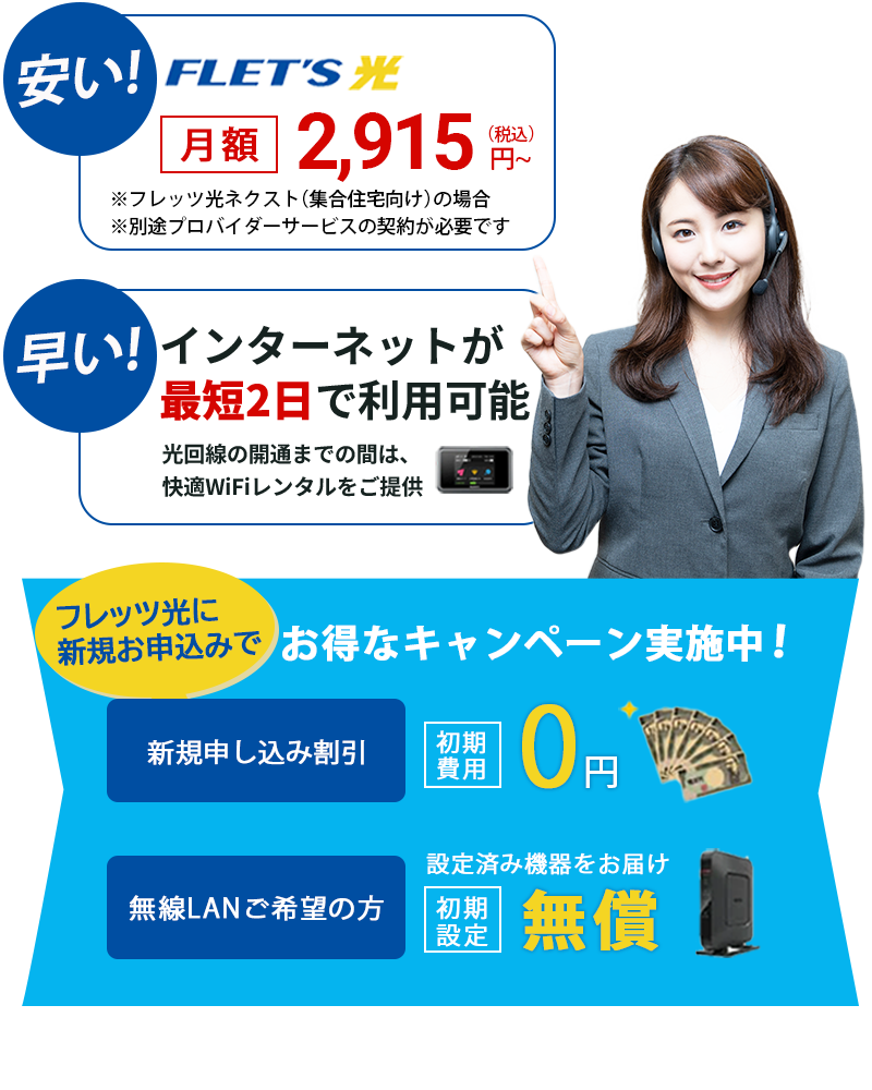フレッツ光が月額2915円～、最短2日で利用可能！