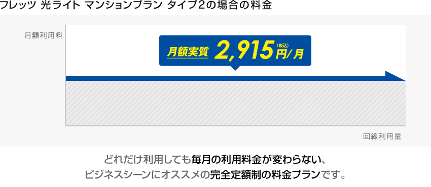 【フレッツ 光ライト マンションプラン タイプ2の場合の料金】どれだけ利用しても毎月の利用料金が変わらない、ビジネスシーンにオススメの完全定額制の料金プランです。